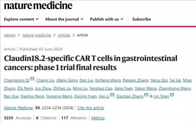 自然医学报道中国CLDN18.2 CAR-T