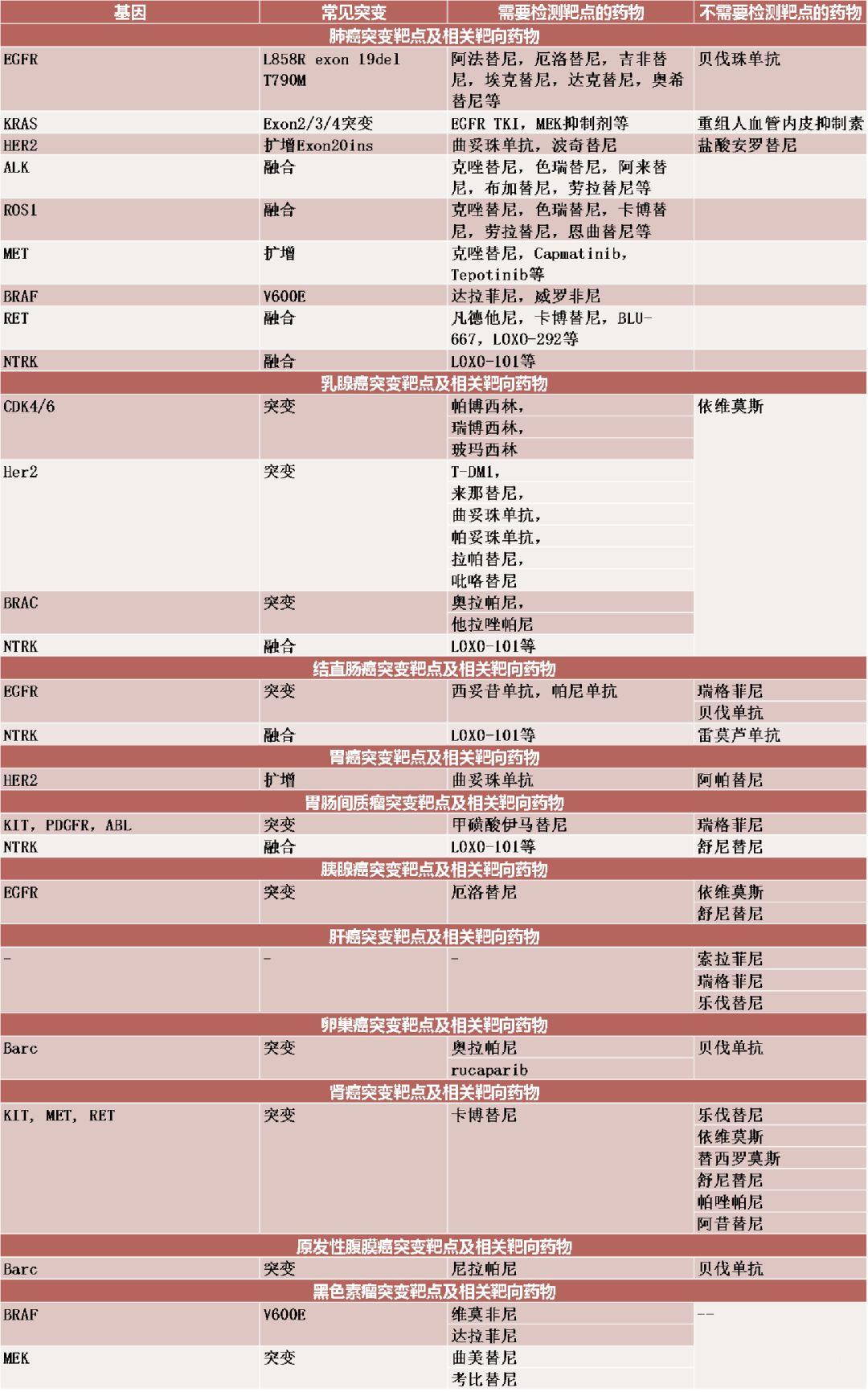 基因突变和靶向药物一览表