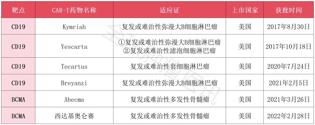 美国上市的6款CAR-T疗法 美国上市的6款CAR-T疗法