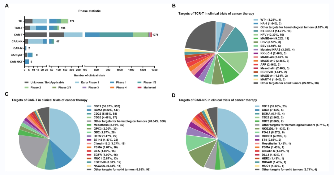 常见ACT的临床研究现状及其靶点分布情况 常见ACT的临床研究现状及其靶点分布情况