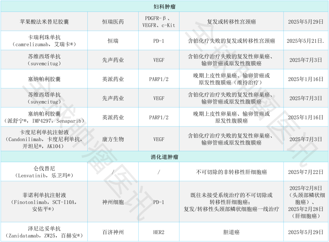 中国上市的妇科肿瘤和消化道肿瘤新药